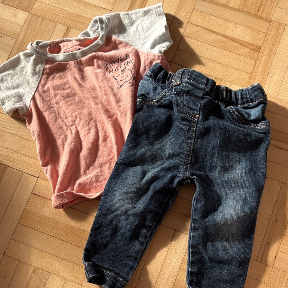 Cute Pink and Gray Baby Outfit with Denim Jeans